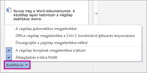 A vágólap beállításai a Word 2013-ban