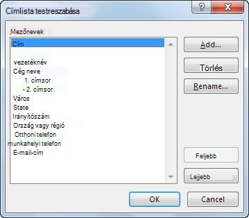 A Címlista testreszabása párbeszédpanel