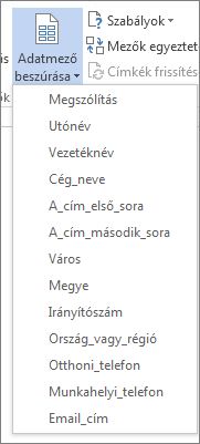 Az elérhető mezők Adatmező beszúrása menüje