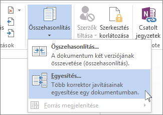 Az egyesítés parancs az Egybevetés menüben