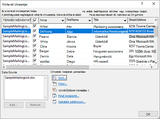 A Címzettek szerkesztése párbeszédpanel