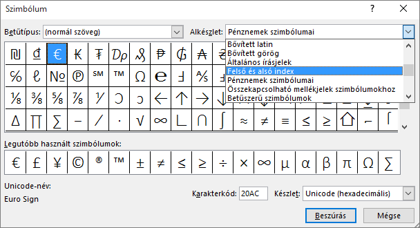 A PowerPoint Szimbólum párbeszédpaneljének Felső index és Alsó index eleme