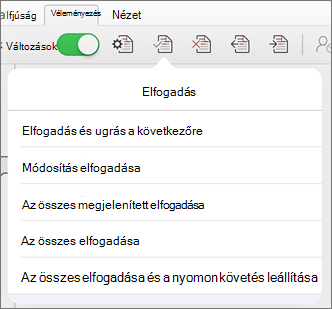 Módosítások elfogadása menü