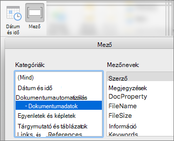 Képernyőkép a Dokumentum adatai kategória szerint szűrt mezőkódokról