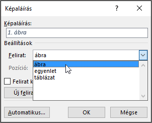 A Képaláírás párbeszédpanelen adja meg az ábra, a táblázat vagy az egyenlet feliratainak beállításait.