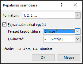 A Képaláírás számozása párbeszédpanelen vegye fel a fejezetszámokat a képaláírásokba.