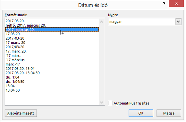 A Dátum és idő párbeszédpanel