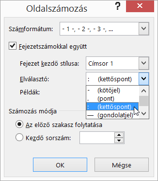 Fejezetszámok stílusának kiválasztása