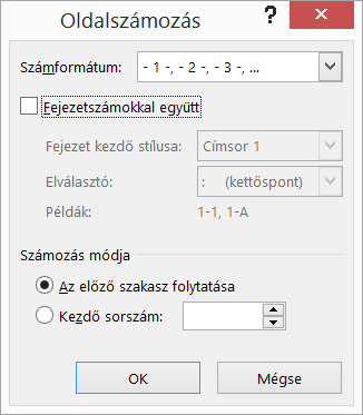 Az Oldalszámozás párbeszédpanel