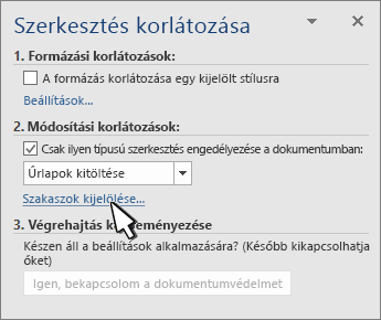 Szakaszválasztó a Szakaszok korlátozása panelen