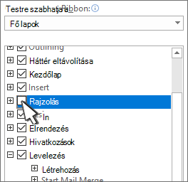 Jelölőnégyzet a lap elrejtéséhez vagy megjelenítéséhez