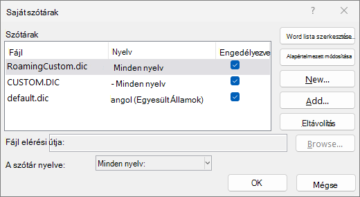 A Saját szótár párbeszédpanel