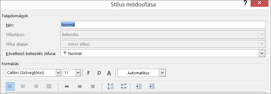 A Word Stílus módosítása párbeszédpanelje