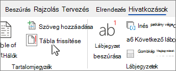 A Hivatkozás lap a Táblázat frissítése gombbal