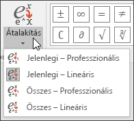A Konvertálás menü képe, amelyen az egyenlet átalakításának formázási lehetőségei láthatók.