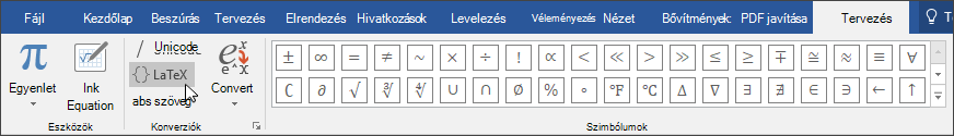 A LaTex formátumhoz elérhető egyenletformátumokat megjelenítő Tervezés lap képe.