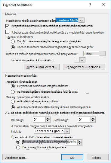 Az Egyenlet beállításai párbeszédpanelt ábrázoló kép