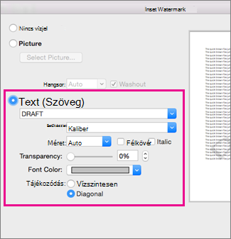 The Insert Watermark dialog box with a highlight around the Text options