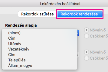 A Rekordok szűrése elemre kattintva rendezheti az elemeket a körlevélben