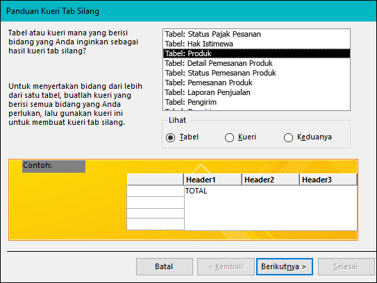 Pada Panduan kueri tab silang, pilih tabel atau kueri.