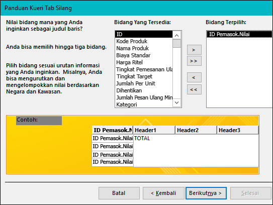 Pilih bidang untuk ditampilkan sebagai judul baris pada Panduan kueri tab silang.
