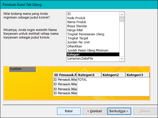 Pilih bidang untuk ditampilkan sebagai judul baris pada Panduan kueri tab silang.