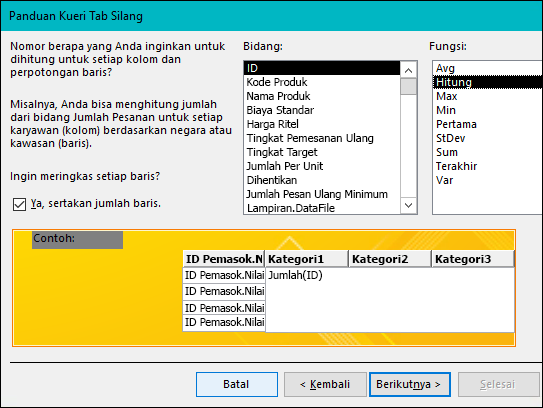 Pilih bidang dan fungsi untuk melakukan penghitungan pada Panduan kueri tab silang.