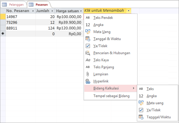Menambahkan bidang baru dengan tipe data Bidang Terhitung