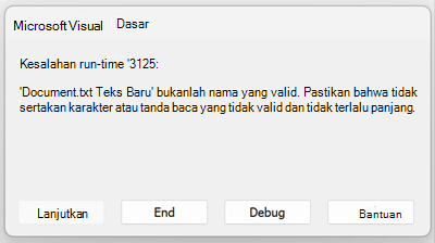 Cuplikan layar kesalahan run-time 3125