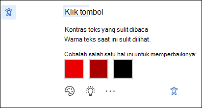 Layar pemberitahuan masalah Aksesibilitas dengan kemungkinan perbaikan.