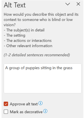Teks alt yang dihasilkan secara otomatis disetujui di panel Teks Alt