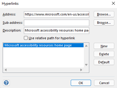 Kotak dialog Hyperlink di Visio untuk Windows.