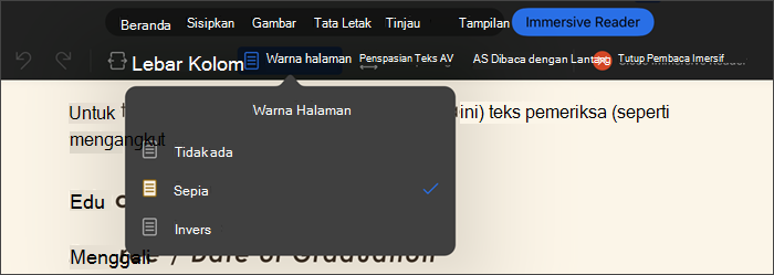 Cuplikan layar Pembaca Imersif dengan warna halaman dipilih, opsinya tidak ada, sepia, terbalik