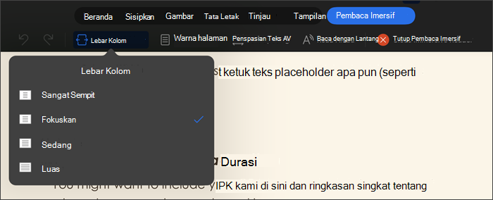 Cuplikan layar pembaca imersif dengan lebar kolom dipilih, opsinya sangat sempit, sempit, sedang, lebar
