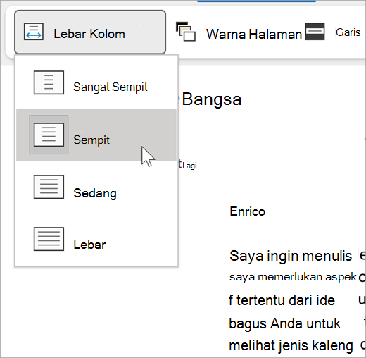 Cuplikan layar drop-down lebar kolom untuk pembaca imersif, opsinya sangat sempit, sempit, sedang, lebar