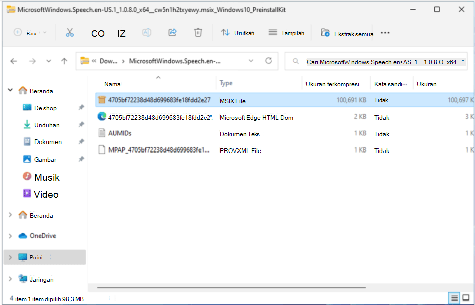 File MSIX dipilih dalam folder yang dipadatkan