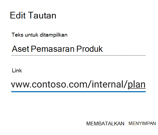 Kotak dialog edit tautan Outlook untuk Android.