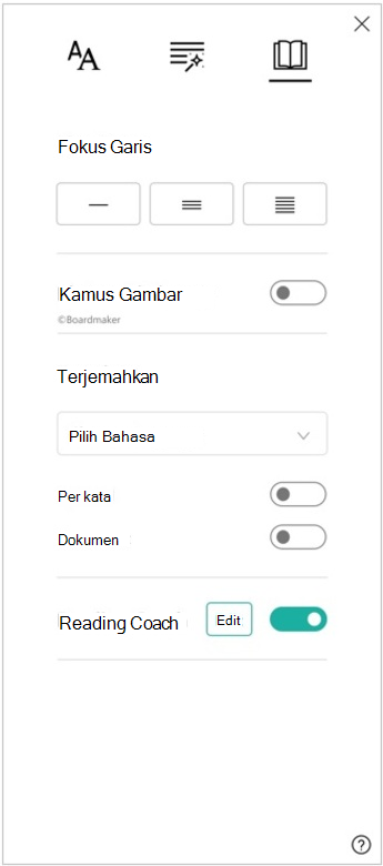 Cuplikan layar panel preferensi baca pembaca imersif, memperlihatkan opsi untuk fokus garis, kamus gambar, terjemahan, dan Pelatih Membaca.