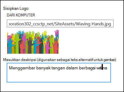 Dialog judul dan logo situs baru SharePoint Online, memperlihatkan cara membuat teks alt untuk gambar logo