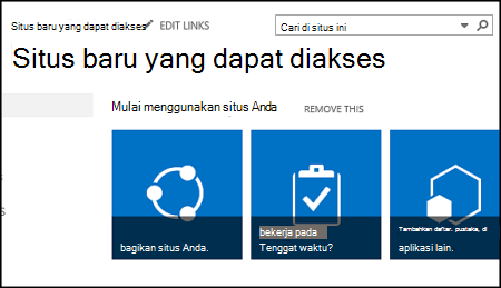 Cuplikan layar situs SharePoint baru memperlihatkan petak yang digunakan untuk mengkustomisasi situs