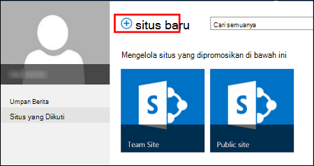 Halaman Nistes di SharePoint Online, memperlihatkan tombol Situs Baru