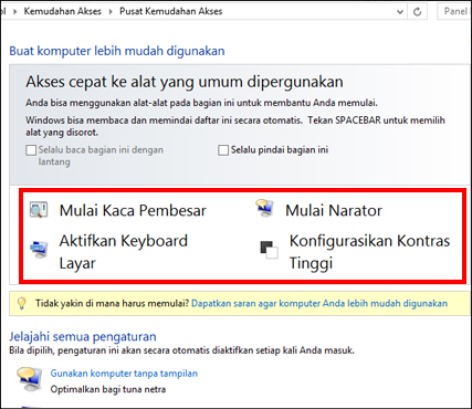 Kotak dialog pusat Kemudahan Akses Windows, tempat Anda bisa memilih teknologi bantu