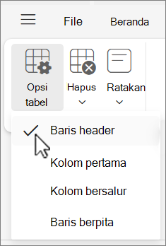 Menu Opsi tabel memperlihatkan opsi baris Header dipilih di Outlook di web.