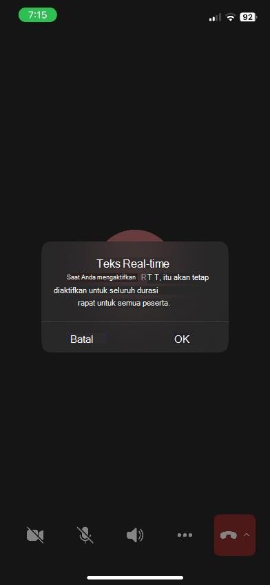 Jendela rapat Teams dengan panel RTT di bagian bawah pada perangkat iOS.