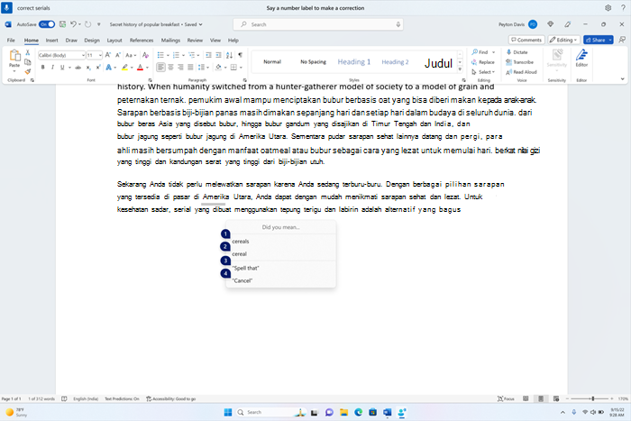 Dokumen word memperlihatkan jendela koreksi dengan kandidat untuk sereal teks.