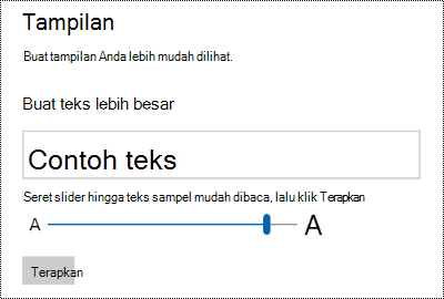 Pengaturan Kemudahan Akses Windows memperlihatkan slider Buat Teks Lebih Besar pada tab Tampilan.
