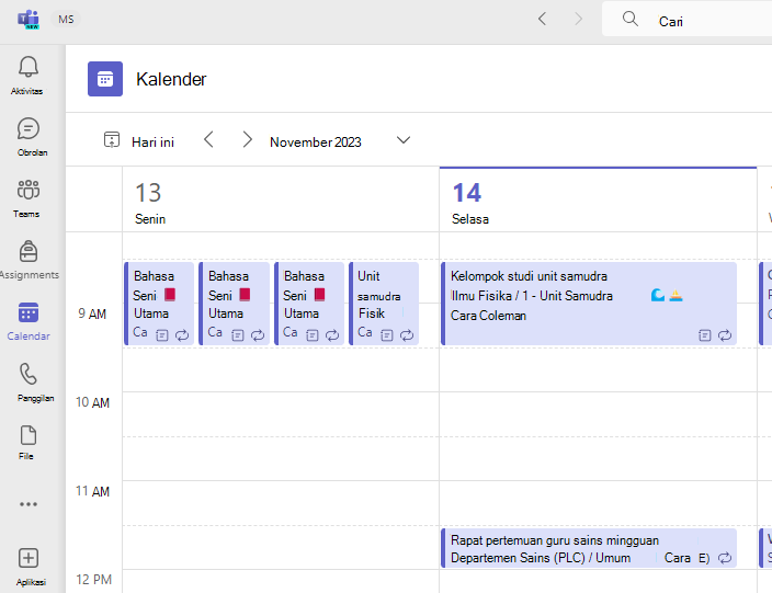 Cuplikan layar kalender.