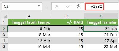 Menambahkan atau mengurangi hari dari tanggal dengan =A2+B2, di mana A2 adalah tanggal, dan B2 adalah jumlah hari untuk menambahkan atau mengurangi.