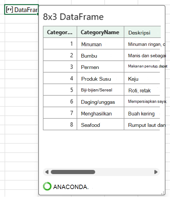 Kartu Python terbuka di Excel DataFrame memperlihatkan data kategori.