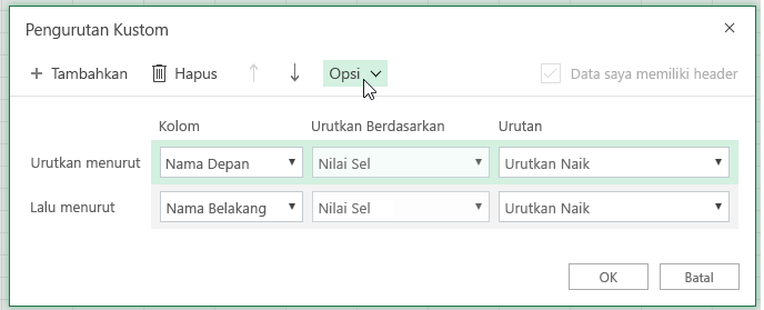 Dialog urut kustom dengan tombol opsi dipilih